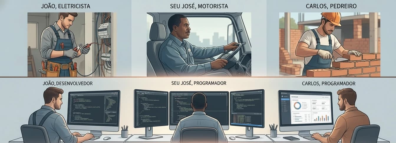 Representação visual de pessoas migrando de outras profissões para a tecnologia