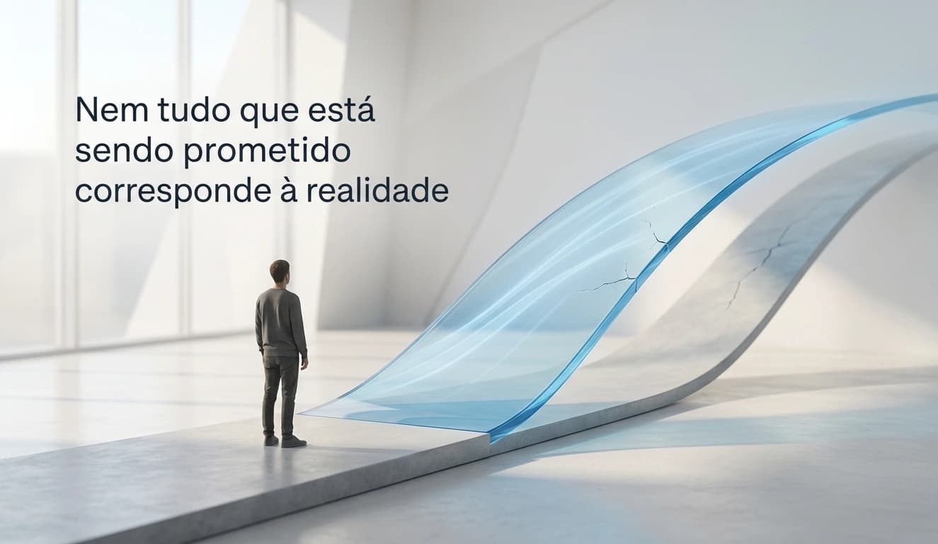 Ilustração conceitual comparando promessa fácil e realidade complexa