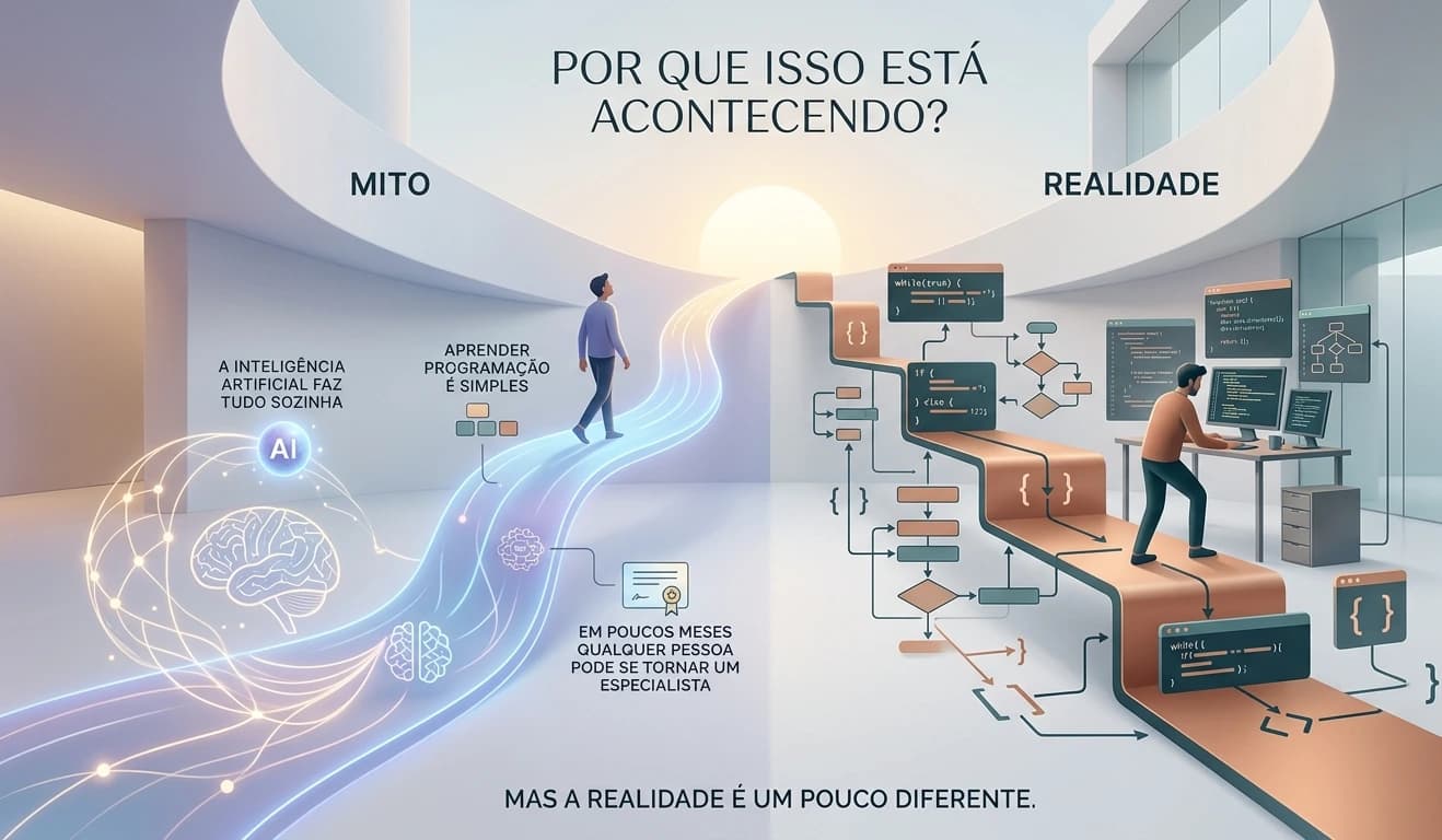 Ilustração conceitual sobre a diferença entre expectativa e realidade na tecnologia